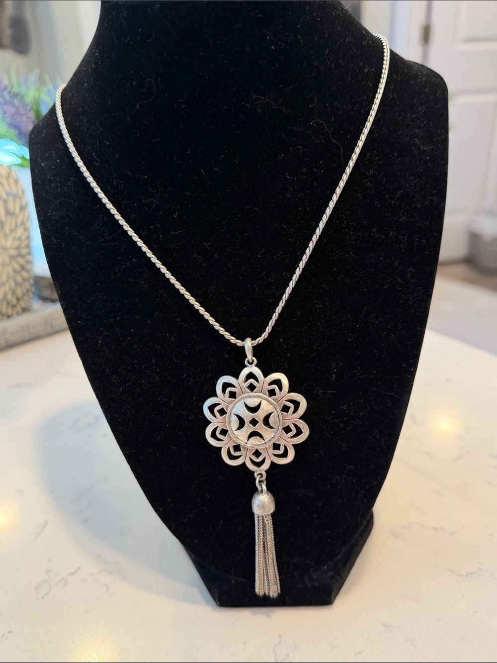Source Unknown Silver Floral Medallion Tassel Necklace